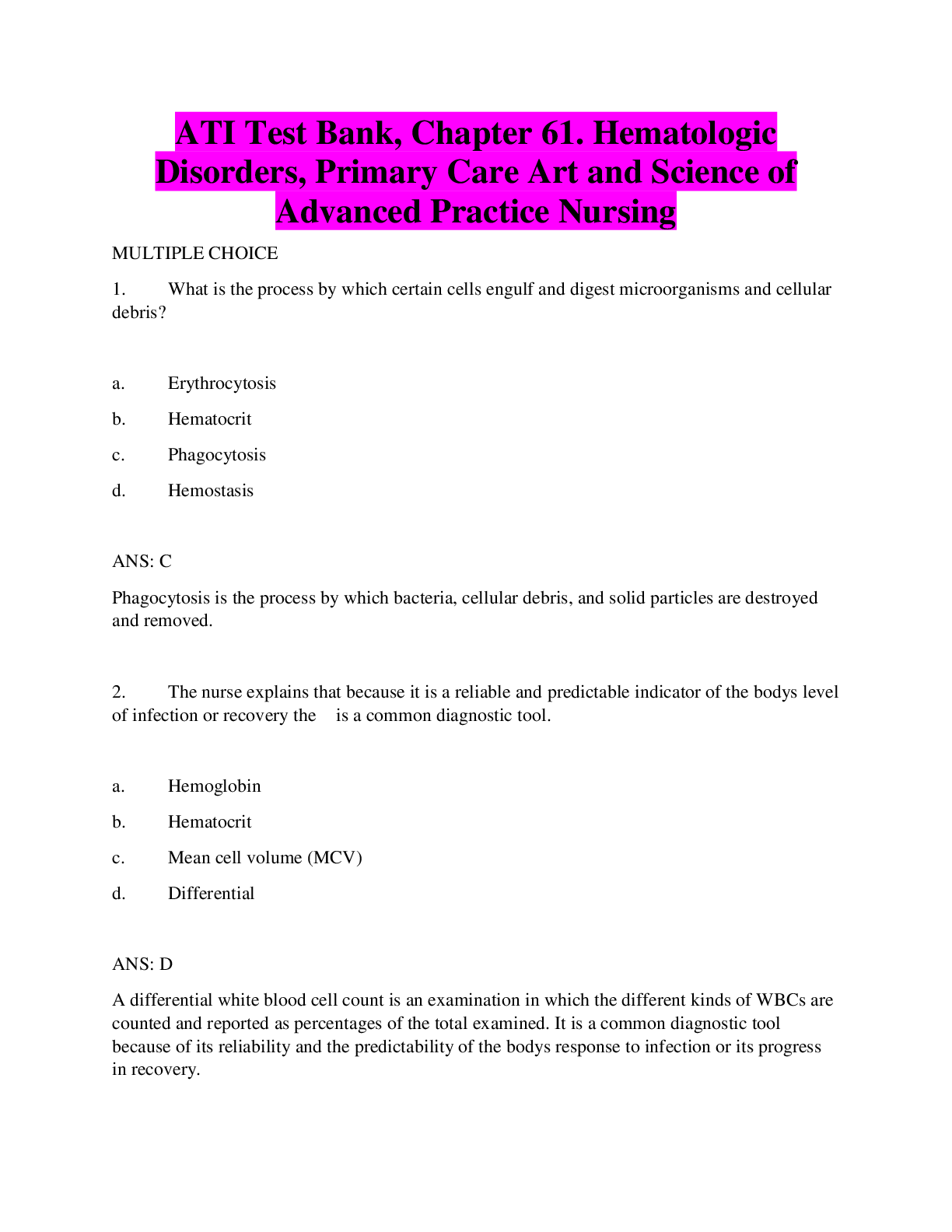 Preview image for ATI Test Bank, Chapter 61. Hematologic Disorders, Primary Care Art and Science of Advanced Practice Nursing